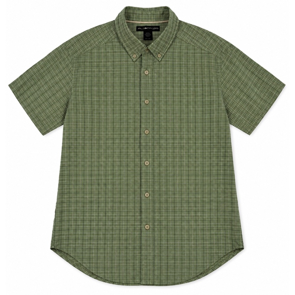 ExOfficio Mens Large Sage Green Grid Short Sleeve Button Down Shirt Modal Blend